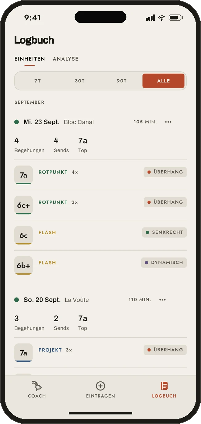 Das Climbl-Logbuch: die Einheiten und jede Route, mit Ergebnis und Stil.
