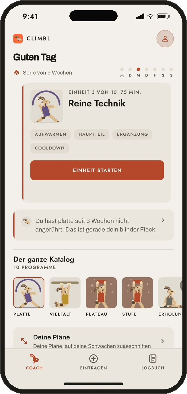 Der Coach-Tab von Climbl: die Einheit des Tages im laufenden Plan und der Insight, der ihn ausgelöst hat.