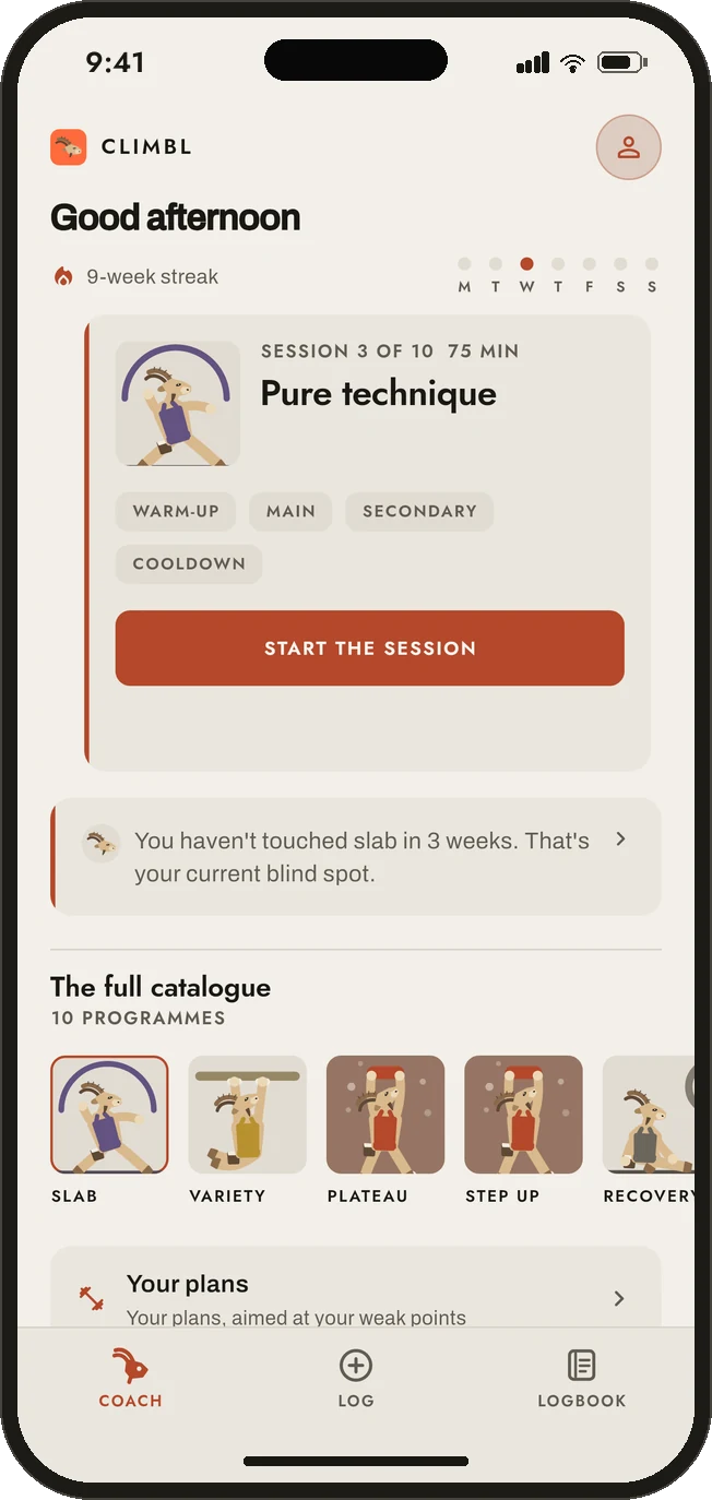 Climbl's Coach tab: today's session in the current plan, and the insight that triggered it.