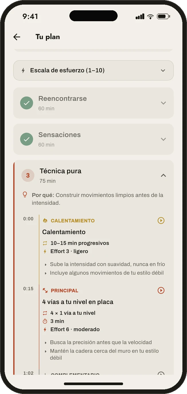 Detalle de un plan de Climbl: sesiones marcadas y la sesión en curso, cronometrada, con su porqué.