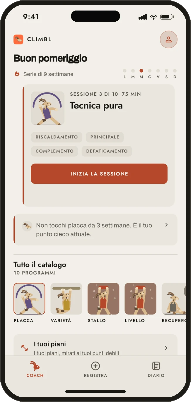 La scheda Coach di Climbl: la sessione del giorno nel piano in corso, e l'osservazione che l'ha fatta scattare.